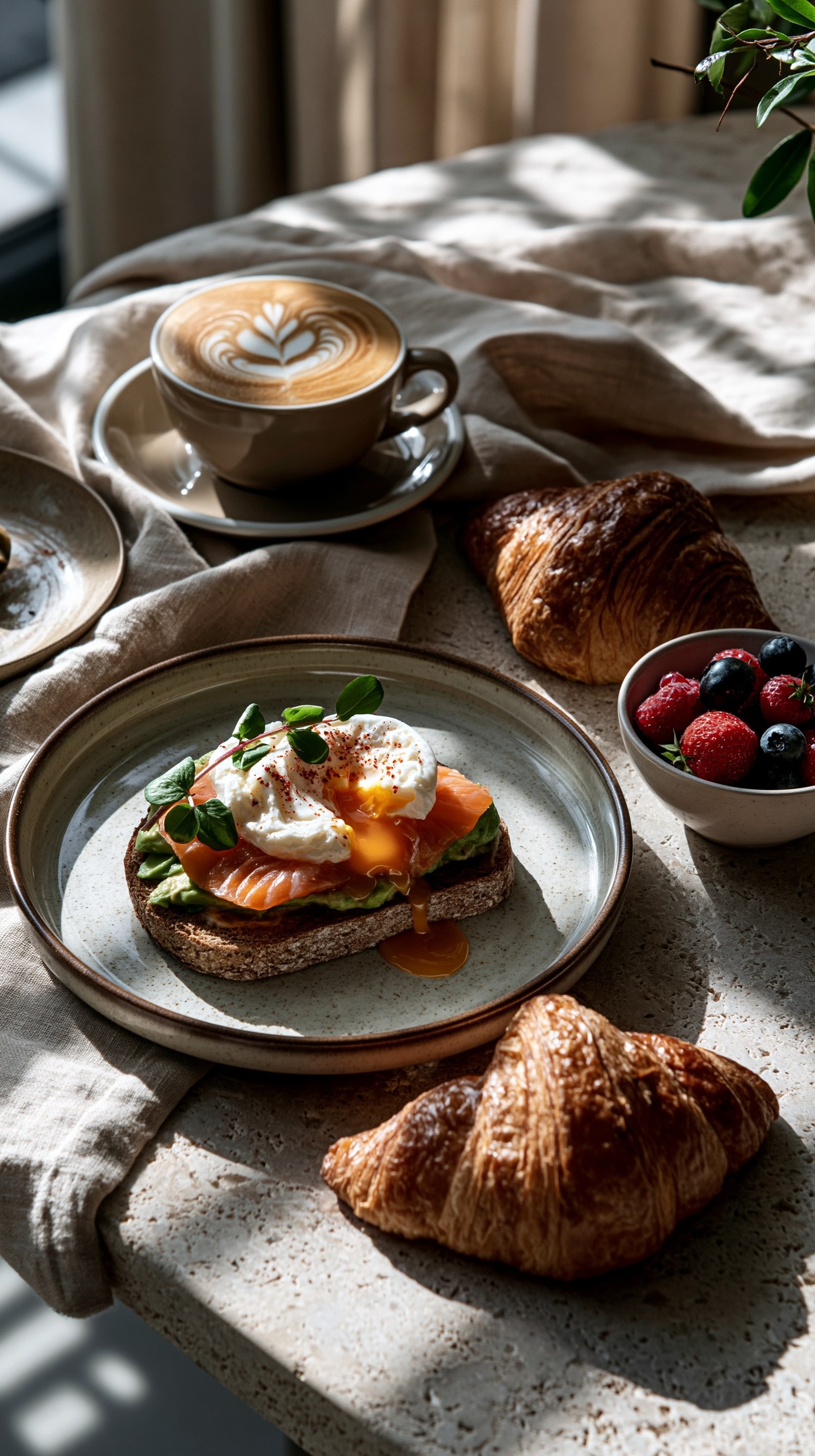 Delicious Breakfast with Poached Eggs and Coffee