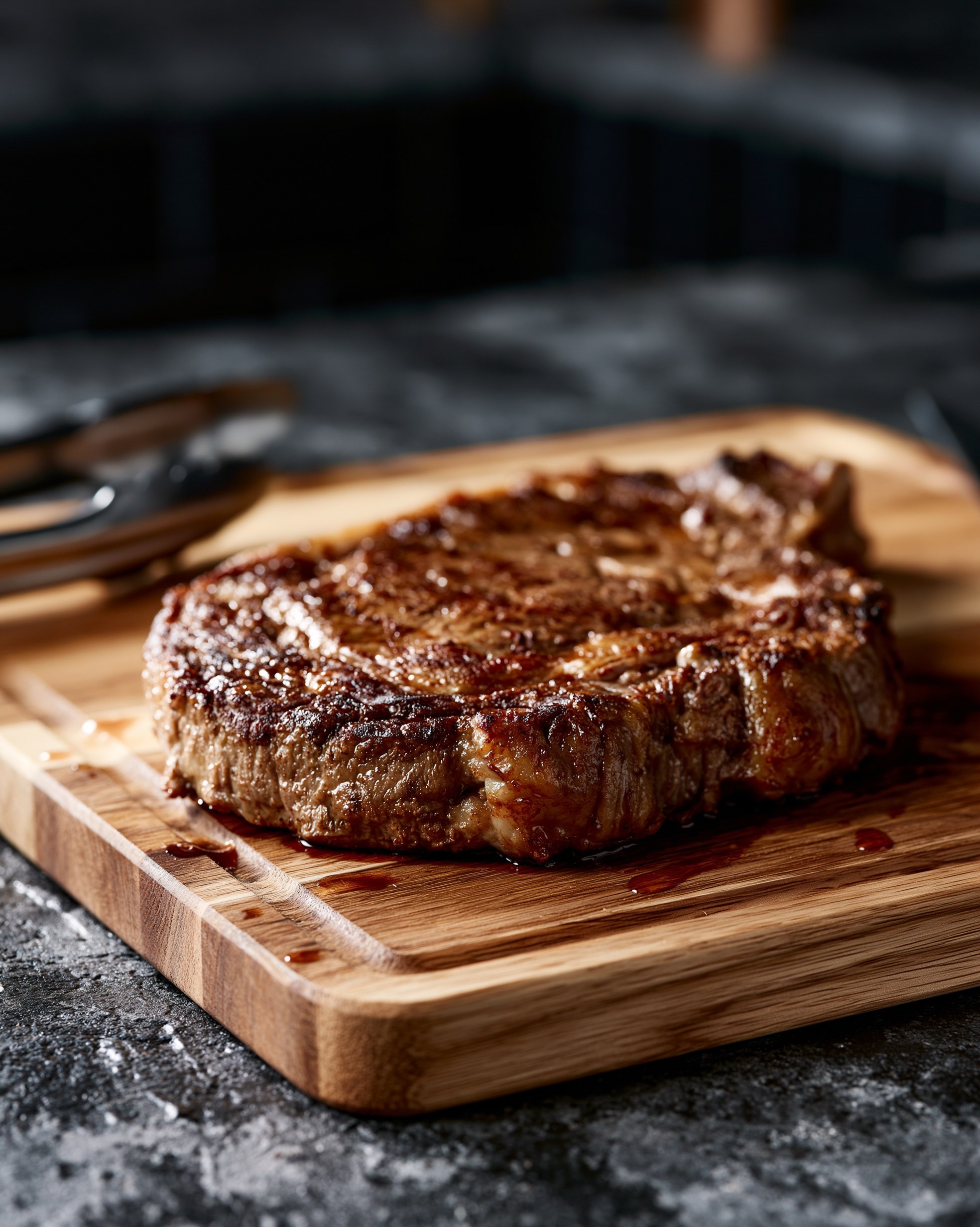 Delicious Grilled Ribeye Steak on Wooden Board