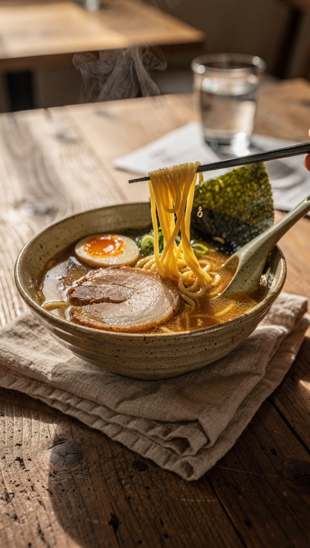 부드러운 반숙 계란과 차슈가 들어간 맛있는 라멘
