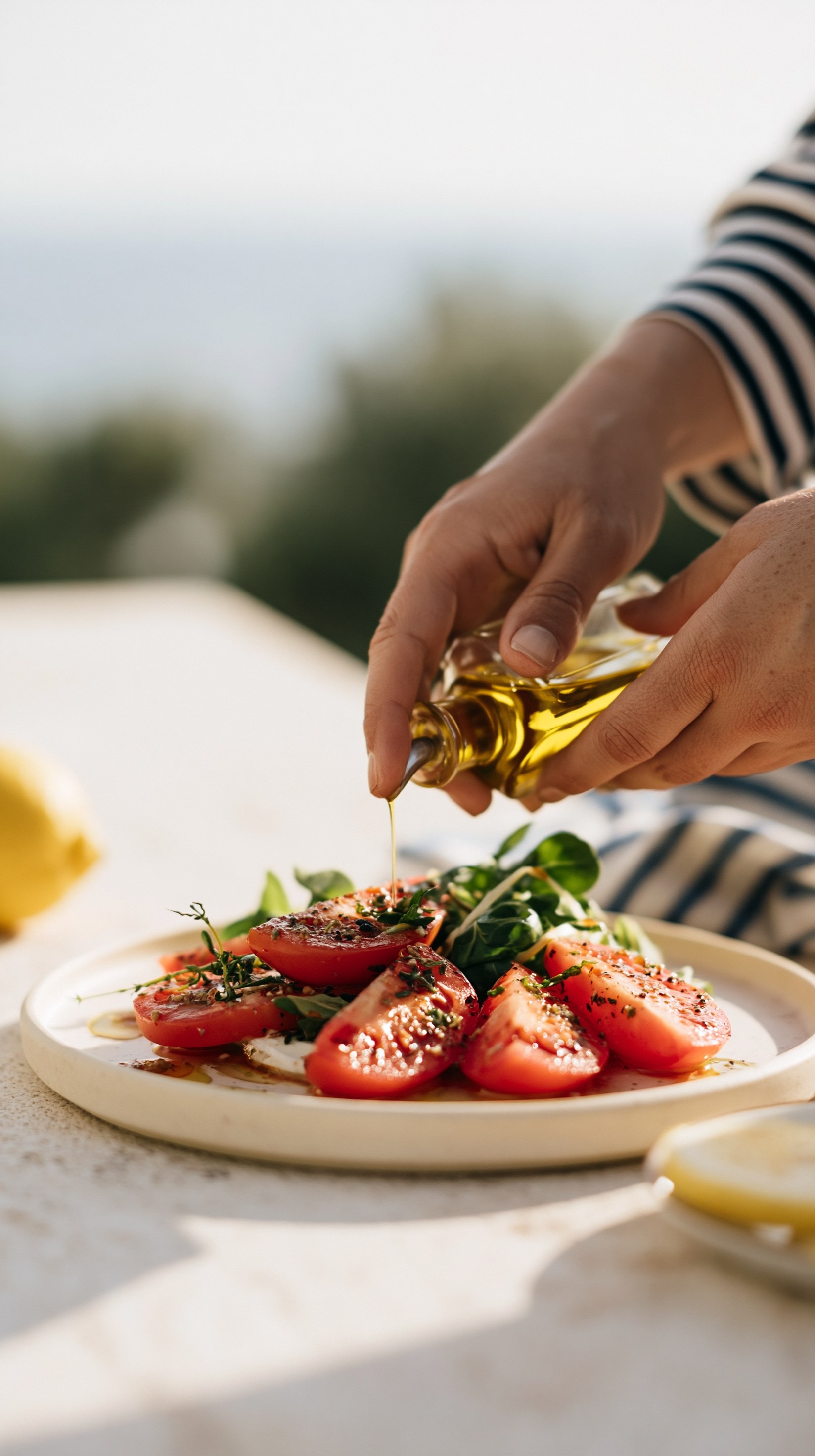 Ensalada Caprese Fresca con Un Chorrito de Aceite de Oliva