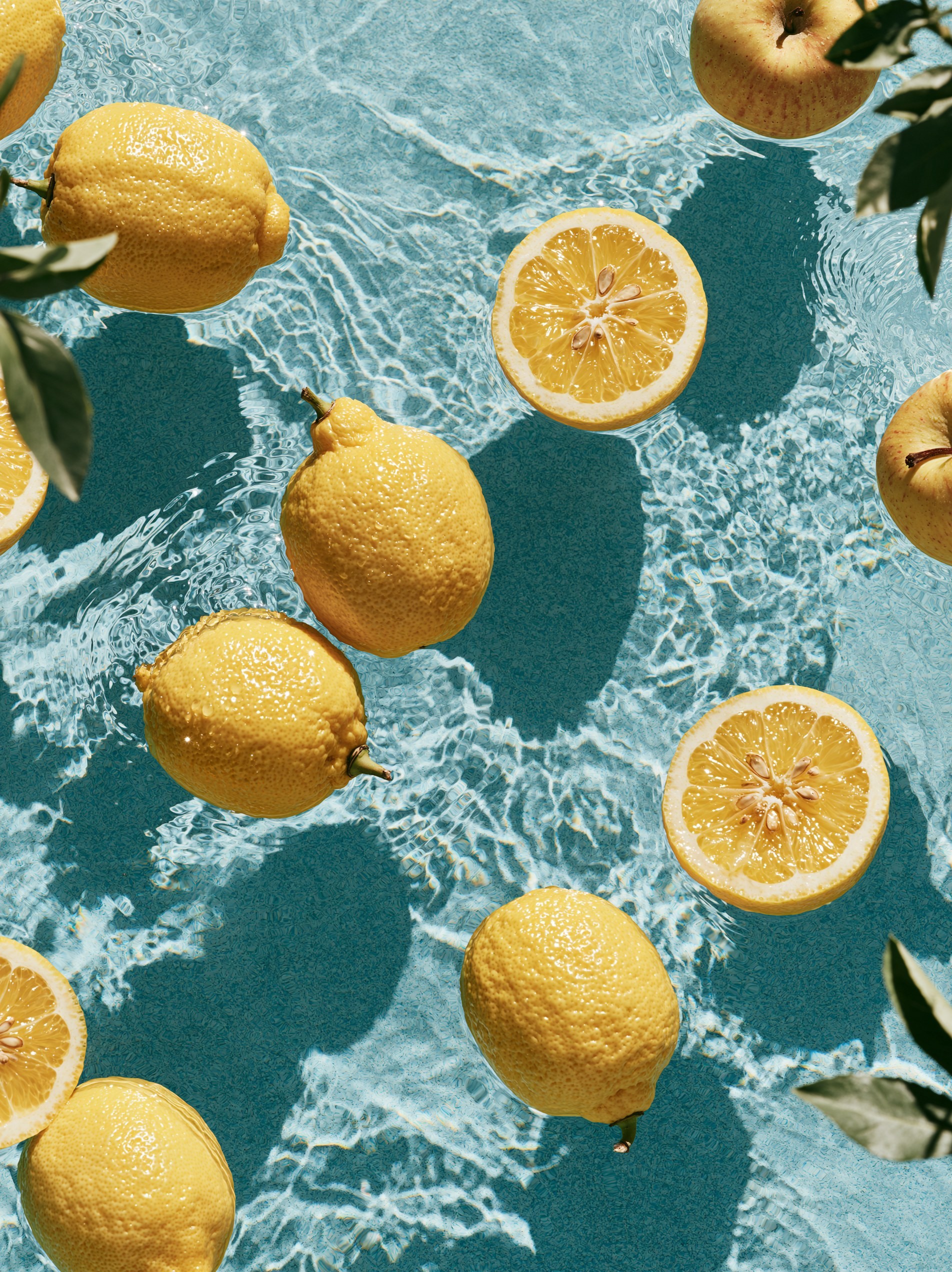Fresh Lemons Floating in Pool Water