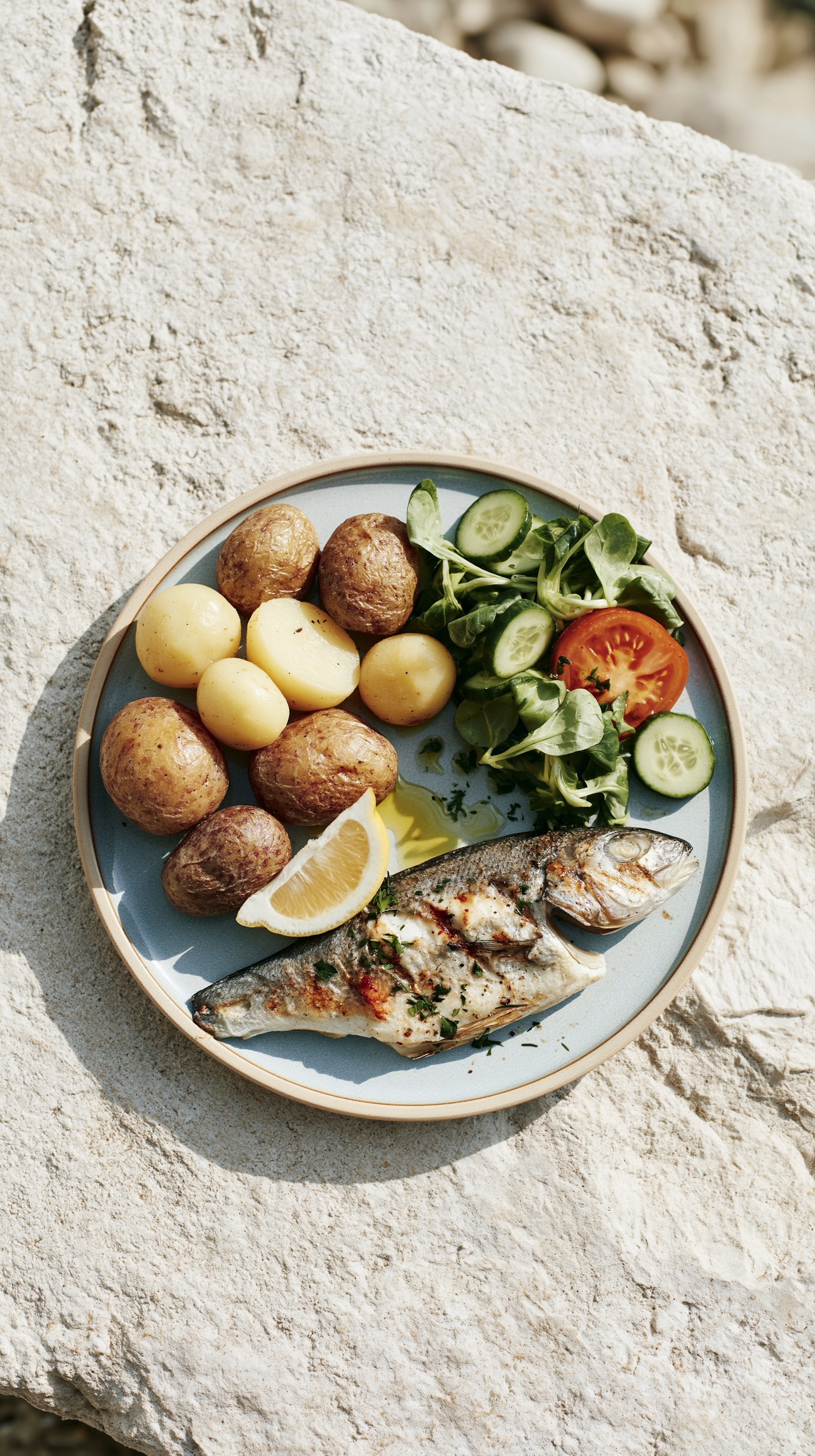 Grilled Fish with Potatoes and Salad