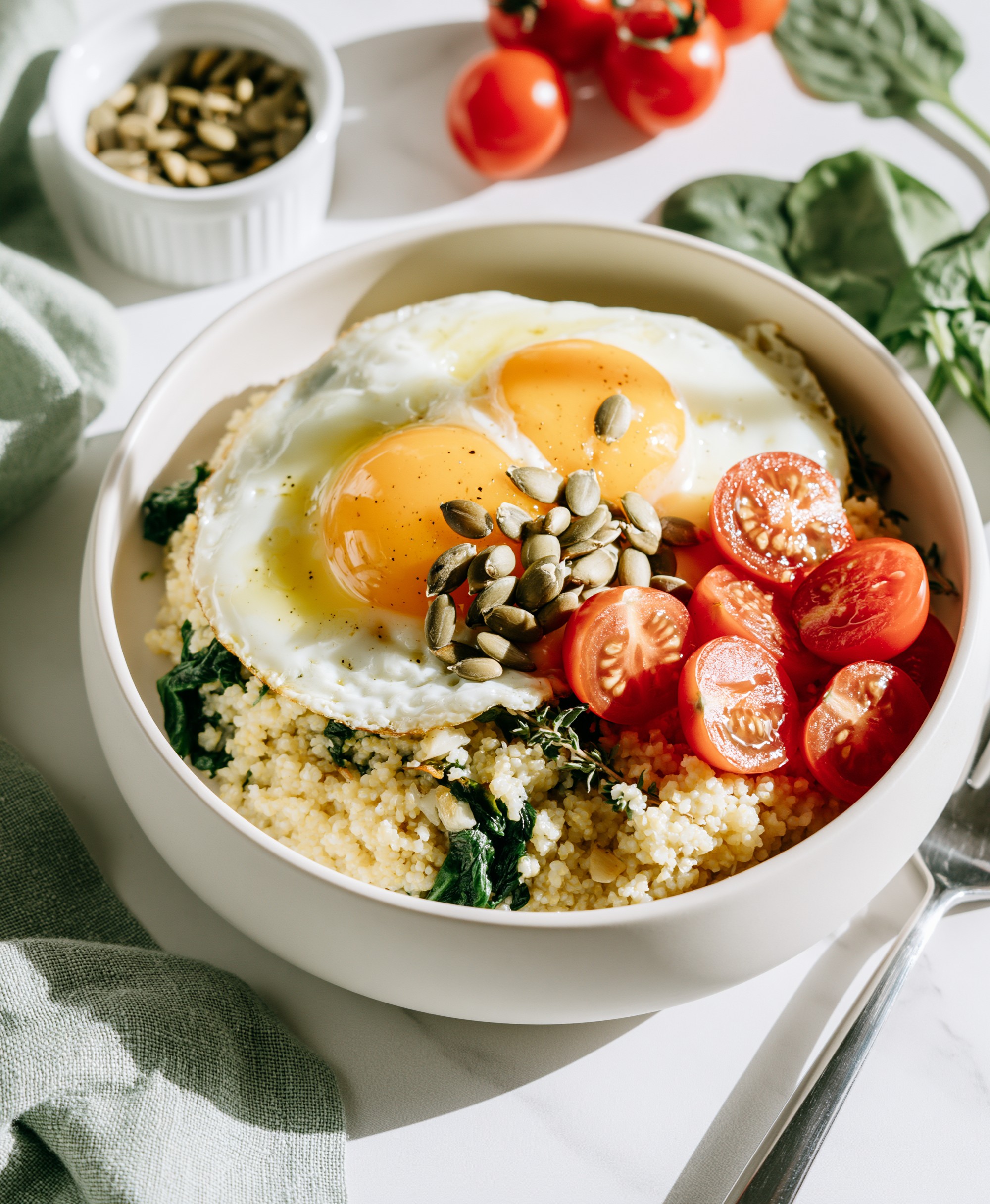 Tazón de Couscous de Espinacas Saludable con Huevos y Tomates