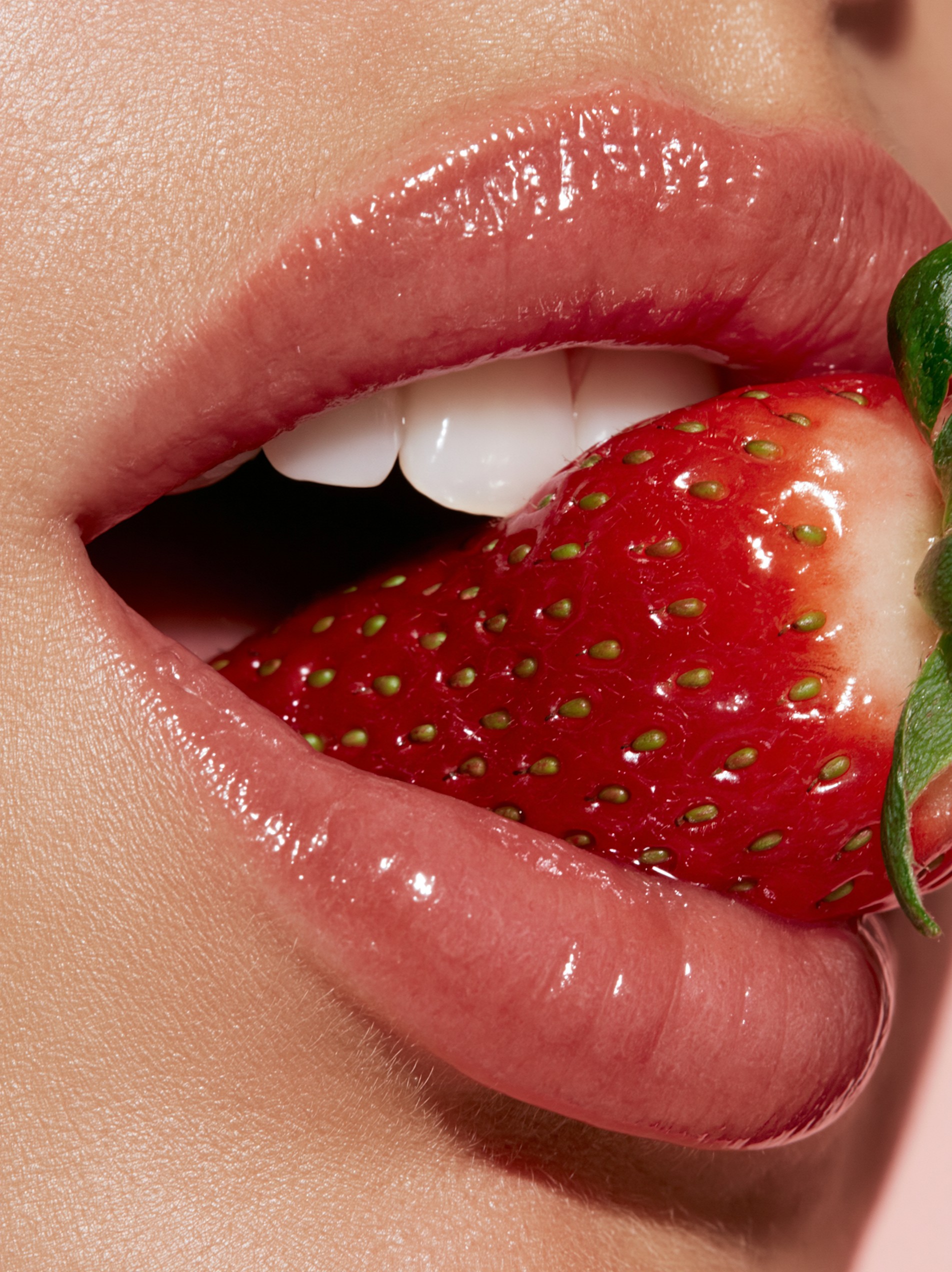 Juicy Strawberry Close-Up with Glossy Lips