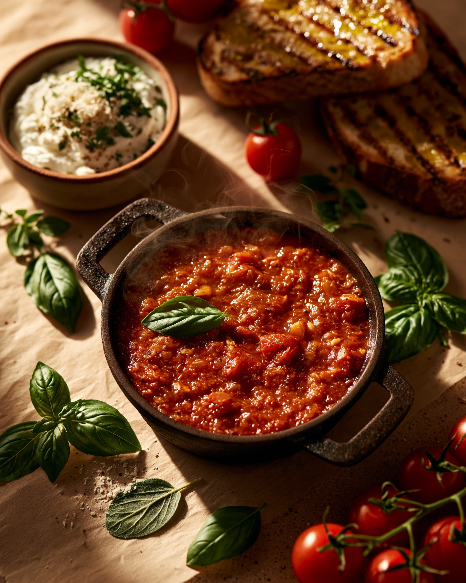 Salsa Rústica de Tomate y Albahaca con Pan a la Parrilla