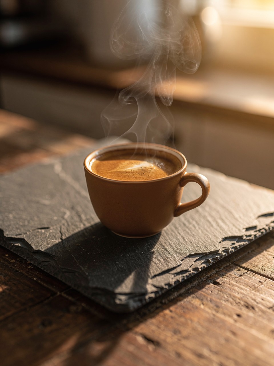 Steaming Cup of Coffee on a Rustic Slate Surface