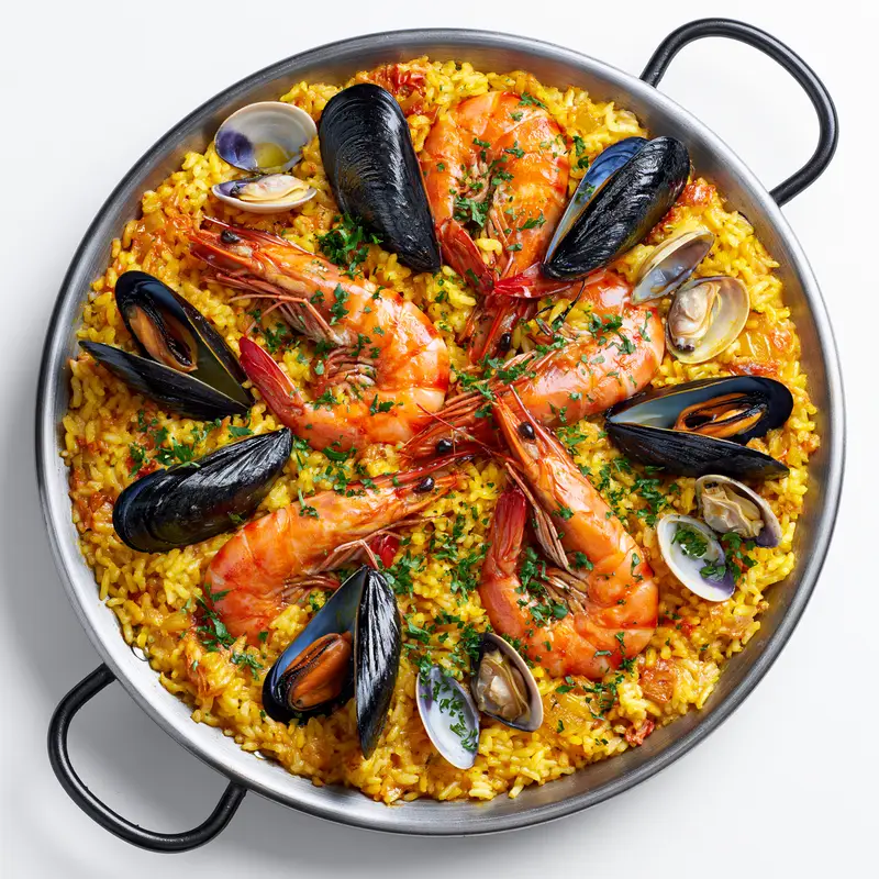 Delicious Seafood Paella with Fresh Shrimp and Mussels